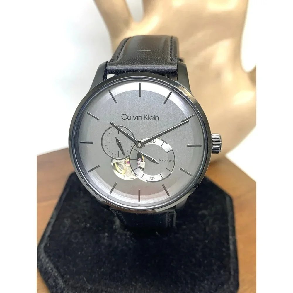 Calvin Klein Men's Watch 25200073 Automatic Gray Dial Black Leather Strap 41mm